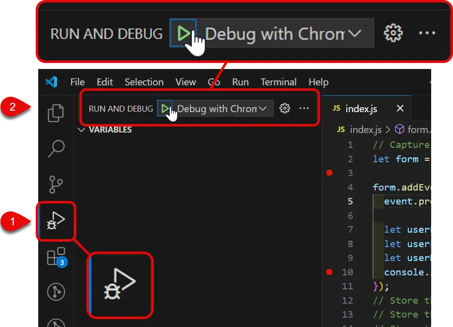 Start debugging in VS Code