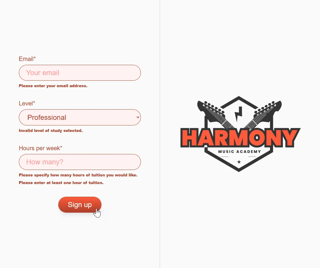 Error messages displayed to the user