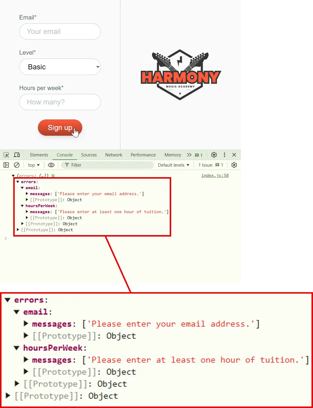 Errors collected in the console