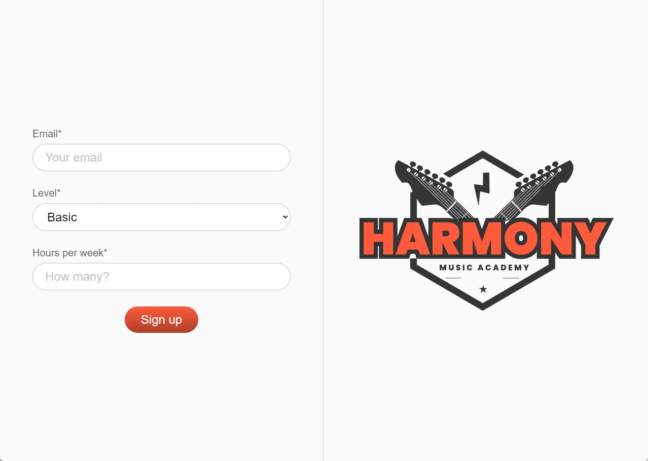 Harmony Music Academy sign-up form with CSS styles applied