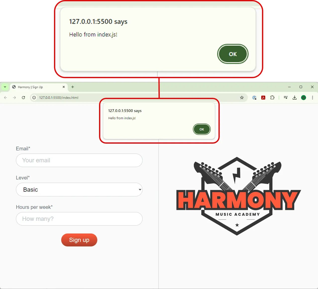 Harmony Music Academy sign-up form with JavaScript alert