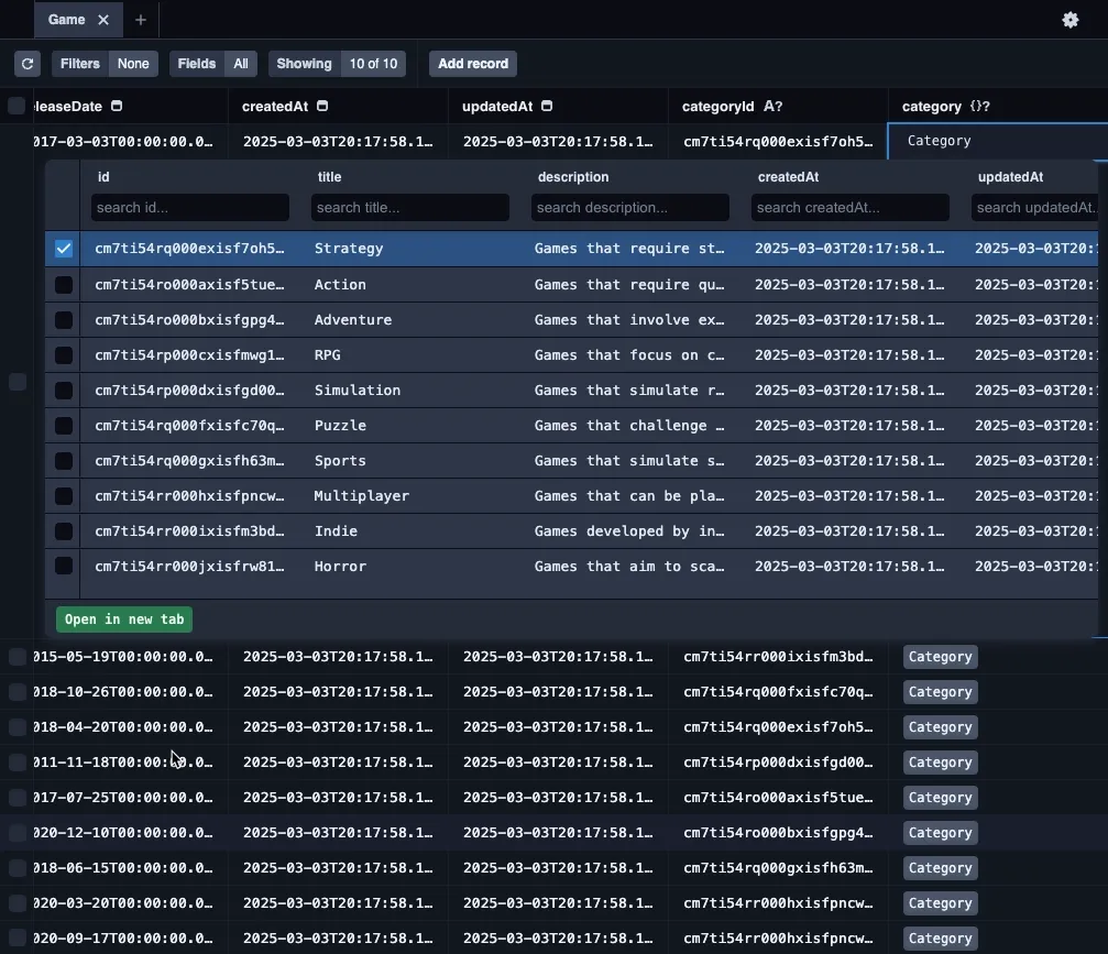 Prisma Studio with games and categories linked