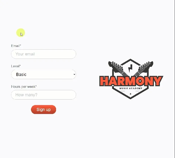 Harmony Music Academy sign-up form with logo hidden