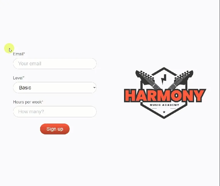 Harmony Music Academy sign-up form with logo at the top