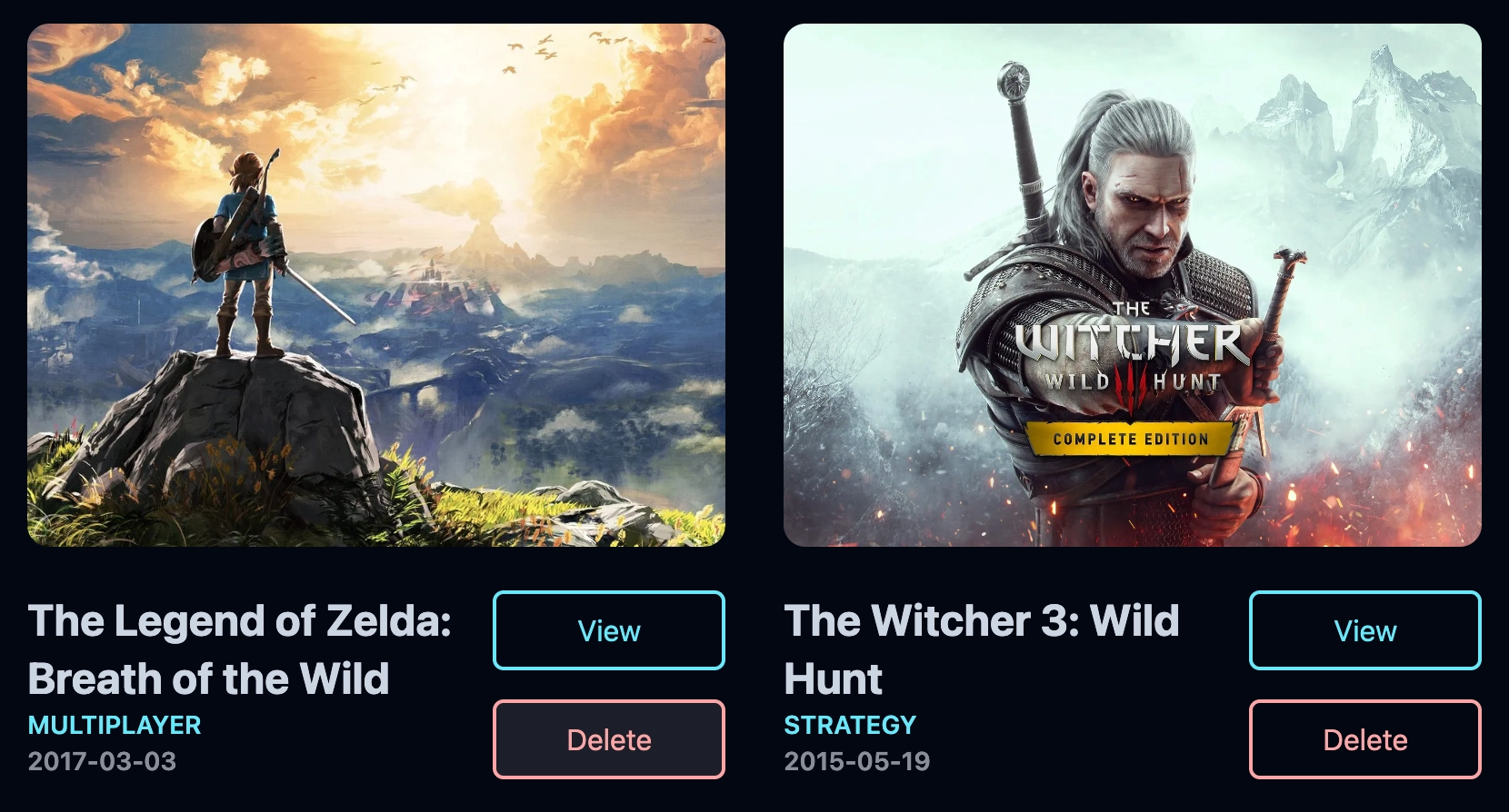 Game card with delete button